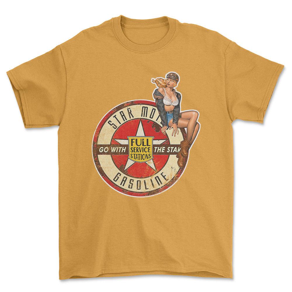 Star Motor Gasoline Pinup - Unisex T-Shirt , Bomuld-Beklædning-Motoroil-Guld-S-Forside-Garage Culture Shop- garage - man cave - merchandise
