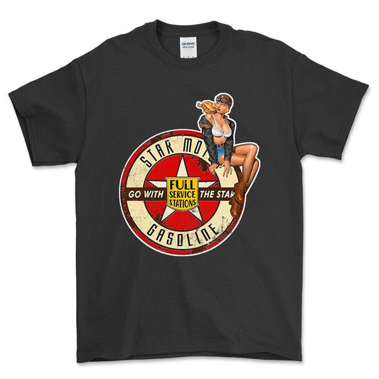 Star Motor Gasoline Pinup - Unisex T-Shirt , Bomuld-Beklædning-Motoroil-Sort-S-Forside-Garage Culture Shop- garage - man cave - merchandise