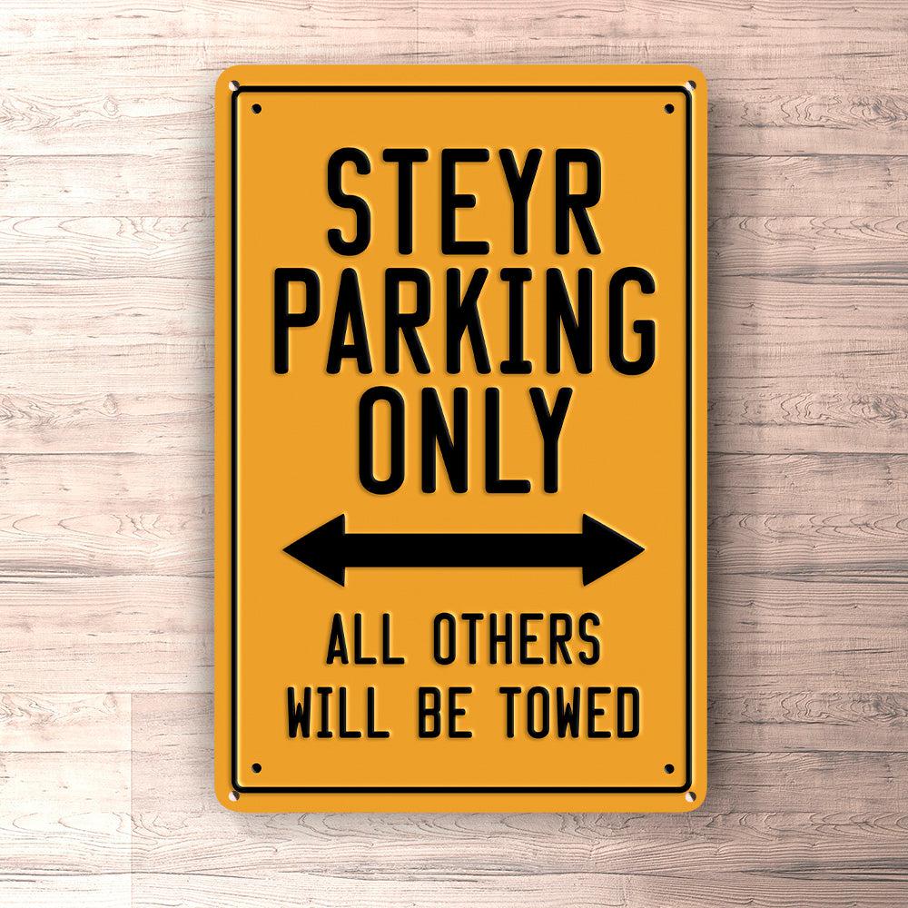 Steyr Parking Only Skilte, Musemåtte, Dørmåtte-Parking skilte-Steyr-Garage Culture Shop- garage - man cave - merchandise