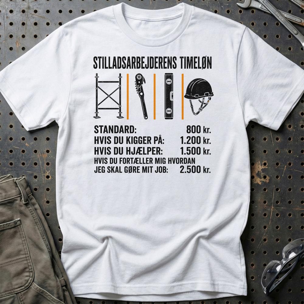 Stilladsarbejderens Timeløn – Unisex T-Shirt, Bomuld-Beklædning-Garage Culture-Hvid-S-Garage Culture Shop- garage - man cave - merchandise