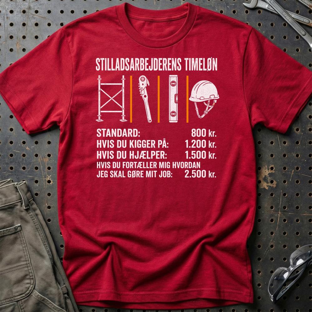 Stilladsarbejderens Timeløn – Unisex T-Shirt, Bomuld-Beklædning-Garage Culture-Rød-S-Garage Culture Shop- garage - man cave - merchandise