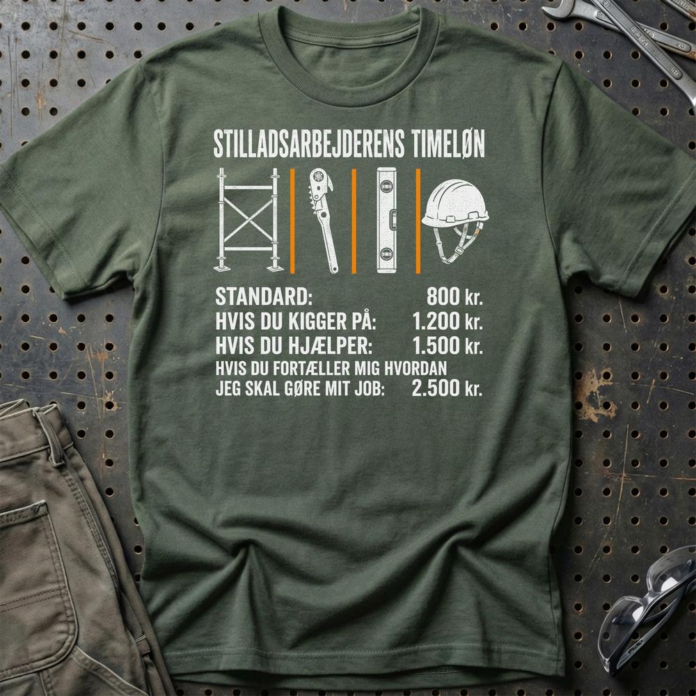 Stilladsarbejderens Timeløn – Unisex T-Shirt, Bomuld-Beklædning-Garage Culture-Grøn Militær-S-Garage Culture Shop- garage - man cave - merchandise