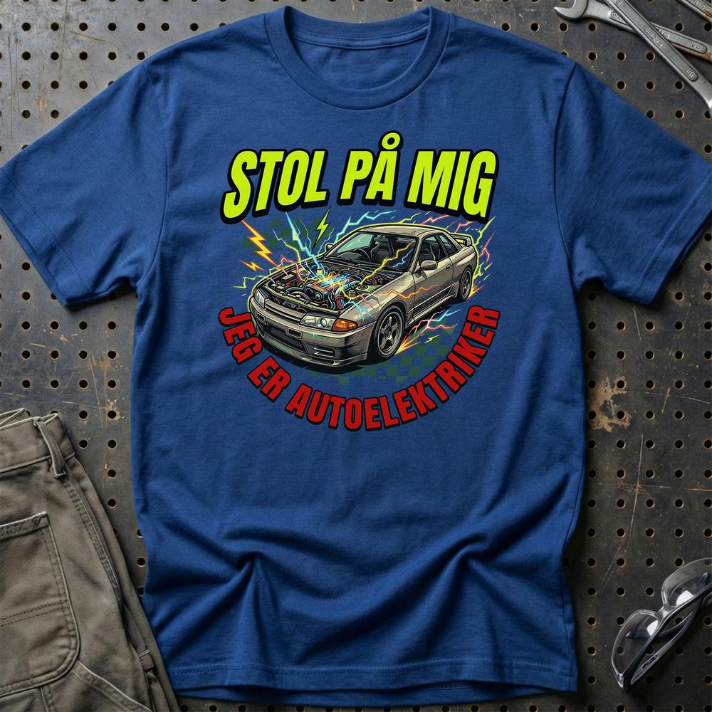 Stol På Mig – Jeg Er Autoelektriker Unisex T-Shirt , Bomuld-Beklædning-Garage Culture-Blå Royal-S-Garage Culture Shop- garage - man cave - merchandise
