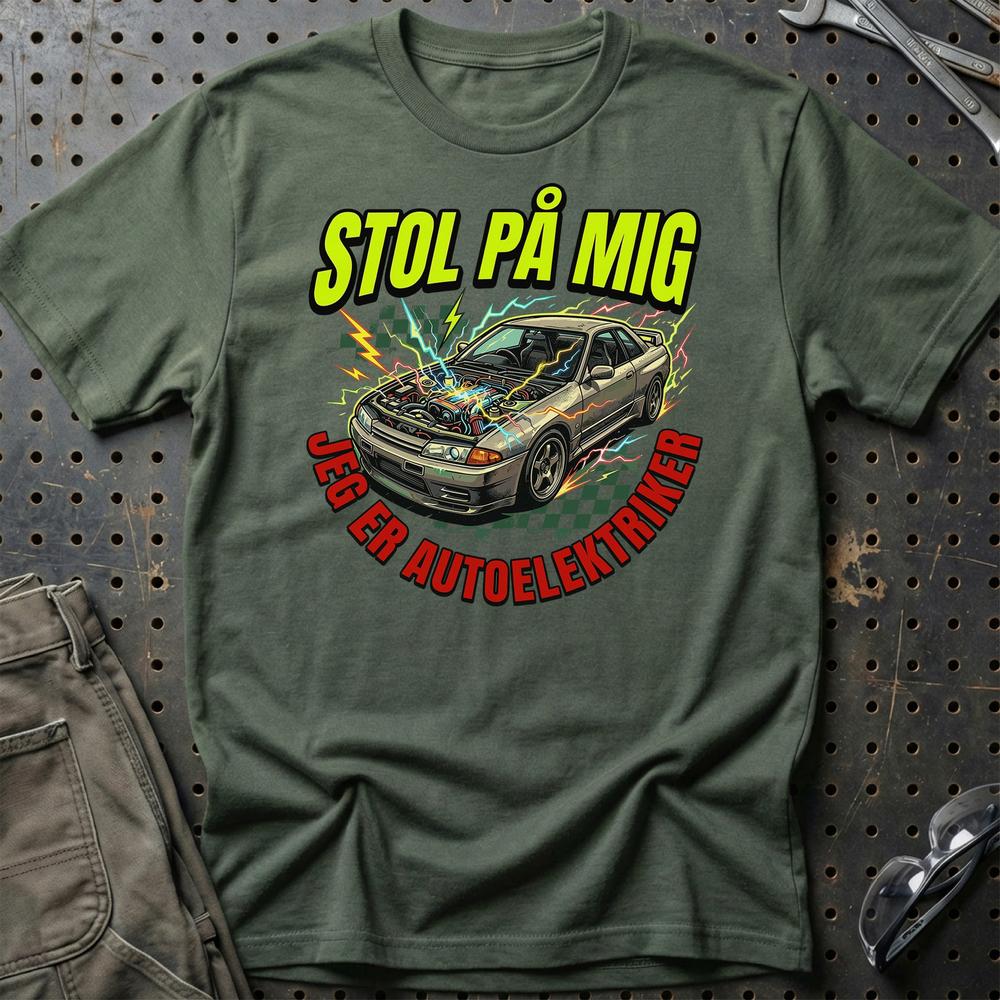 Stol På Mig – Jeg Er Autoelektriker Unisex T-Shirt , Bomuld-Beklædning-Garage Culture-Grøn Militær-S-Garage Culture Shop- garage - man cave - merchandise