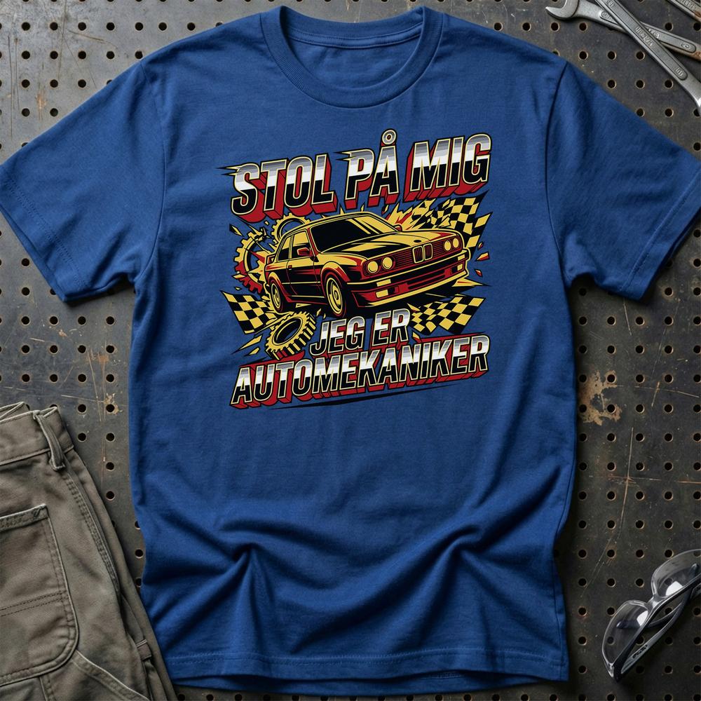 Stol På Mig – Jeg Er Automekaniker - Unisex T-Shirt , Bomuld-Beklædning-Garage Culture-Blå Royal-S-Garage Culture Shop- garage - man cave - merchandise