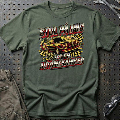 Stol På Mig – Jeg Er Automekaniker - Unisex T-Shirt , Bomuld-Beklædning-Garage Culture-Grøn Militær-S-Garage Culture Shop- garage - man cave - merchandise