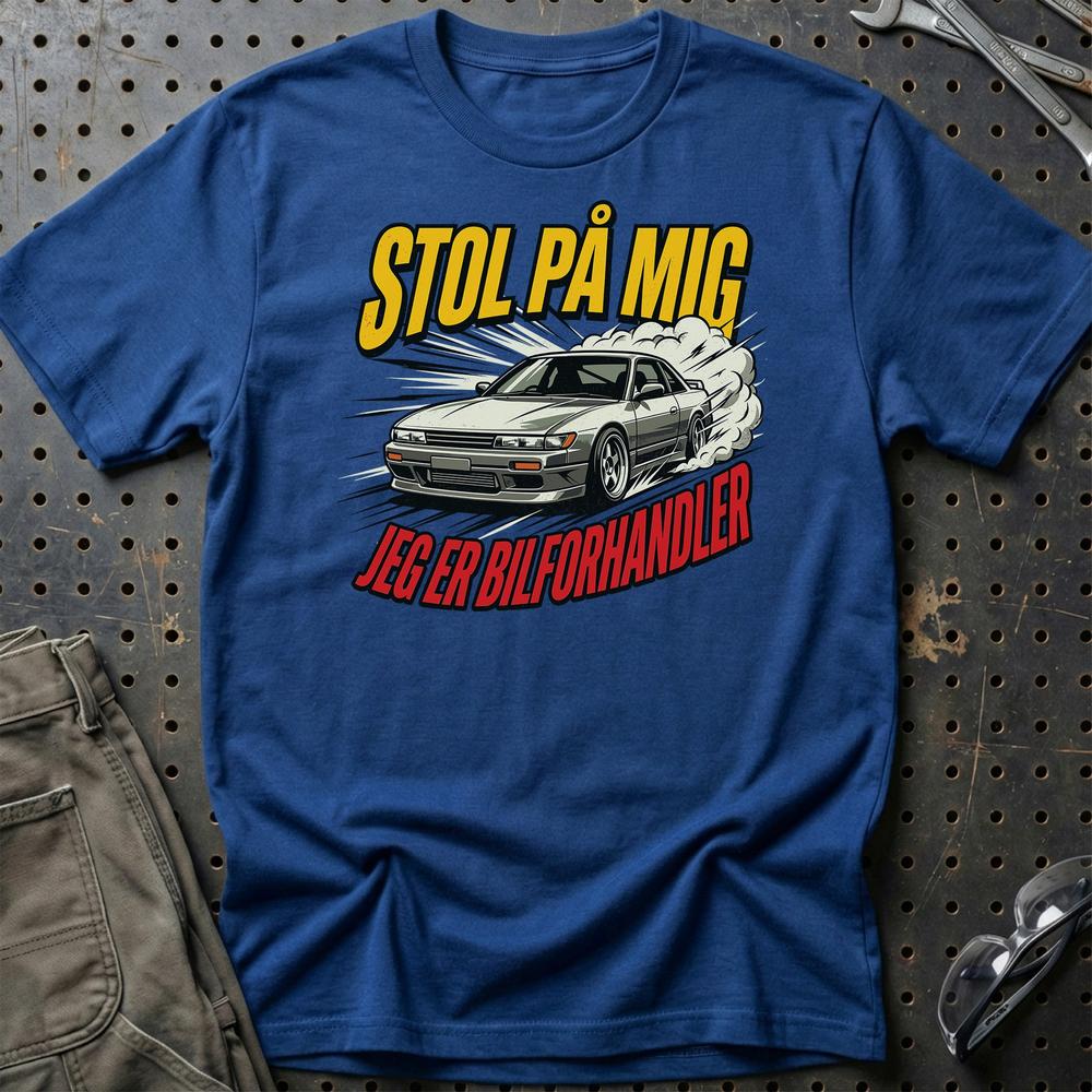 Stol På Mig – Jeg Er Bilforhandler - Unisex T-Shirt , Bomuld-Beklædning-Garage Culture-Blå Royal-S-Garage Culture Shop- garage - man cave - merchandise