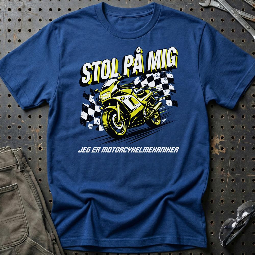 Stol På Mig - Jeg Er Motorcykelmekaniker T-Shirt-Beklædning-Garage Culture-Blå Royal-S-Garage Culture Shop- garage - man cave - merchandise