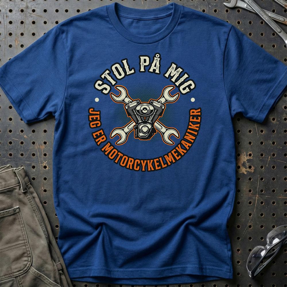 Stol På Mig - Jeg Er Motorcykelmekaniker T-Shirt-Beklædning-Garage Culture-Blå Royal-S-Garage Culture Shop- garage - man cave - merchandise