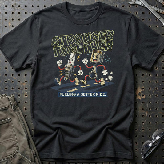 Stronger Together – Oldschool Mascot Engine Parts - Unisex T-Shirt , Bomuld-Beklædning-Garage Culture-Sort-S-Garage Culture Shop- garage - man cave - merchandise