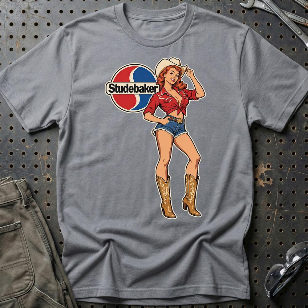Studebaker Cowboy Pinup T-Shirt-Beklædning-Studebaker-Grå Sport-S-Garage Culture Shop- garage - man cave - merchandise