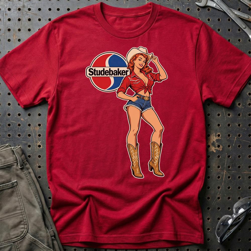 Studebaker Cowboy Pinup T-Shirt-Beklædning-Studebaker-Rød-S-Garage Culture Shop- garage - man cave - merchandise
