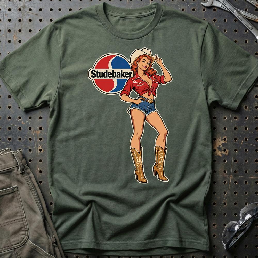 Studebaker Cowboy Pinup T-Shirt-Beklædning-Studebaker-Grøn Militær-S-Garage Culture Shop- garage - man cave - merchandise