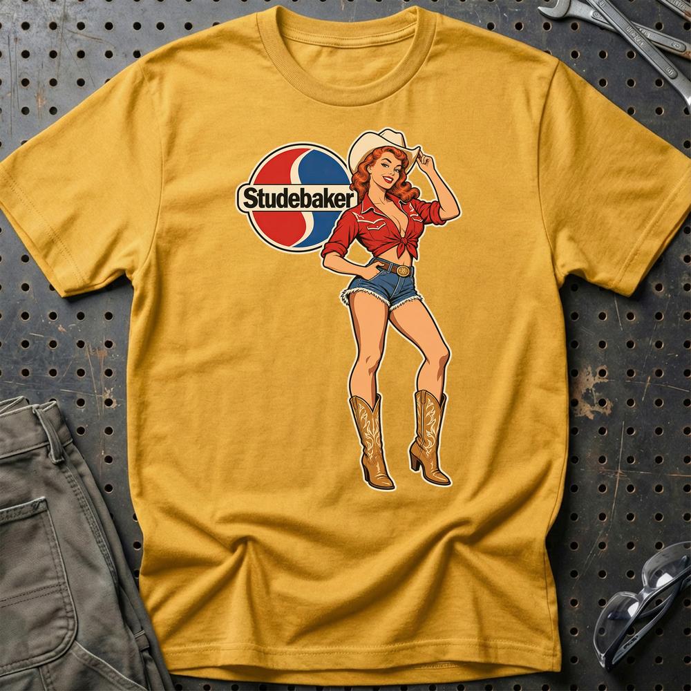 Studebaker Cowboy Pinup T-Shirt-Beklædning-Studebaker-Guld-S-Garage Culture Shop- garage - man cave - merchandise
