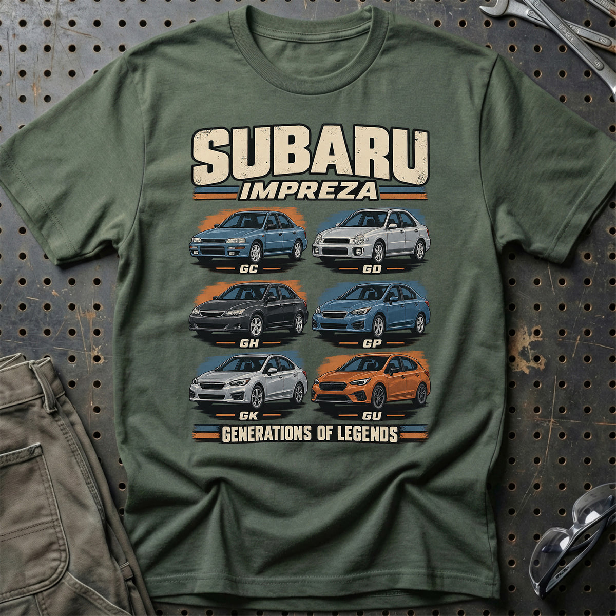 
Subaru Impreza – Generations of Legends T-Shirt – Grøn Militær