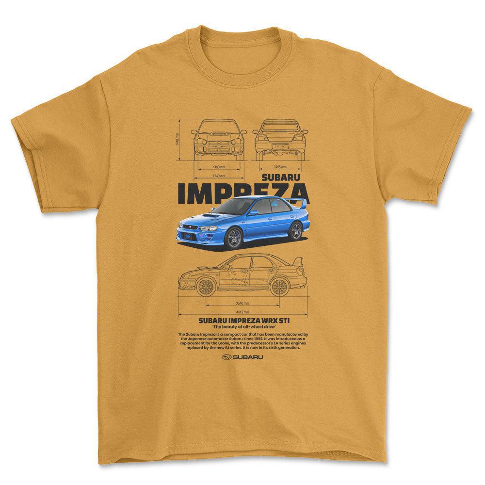 Subaru Impreza WRX STI - Unisex T-Shirt-Beklædning-Subaru-Guld-S-Forside-Garage Culture Shop- garage - man cave - merchandise