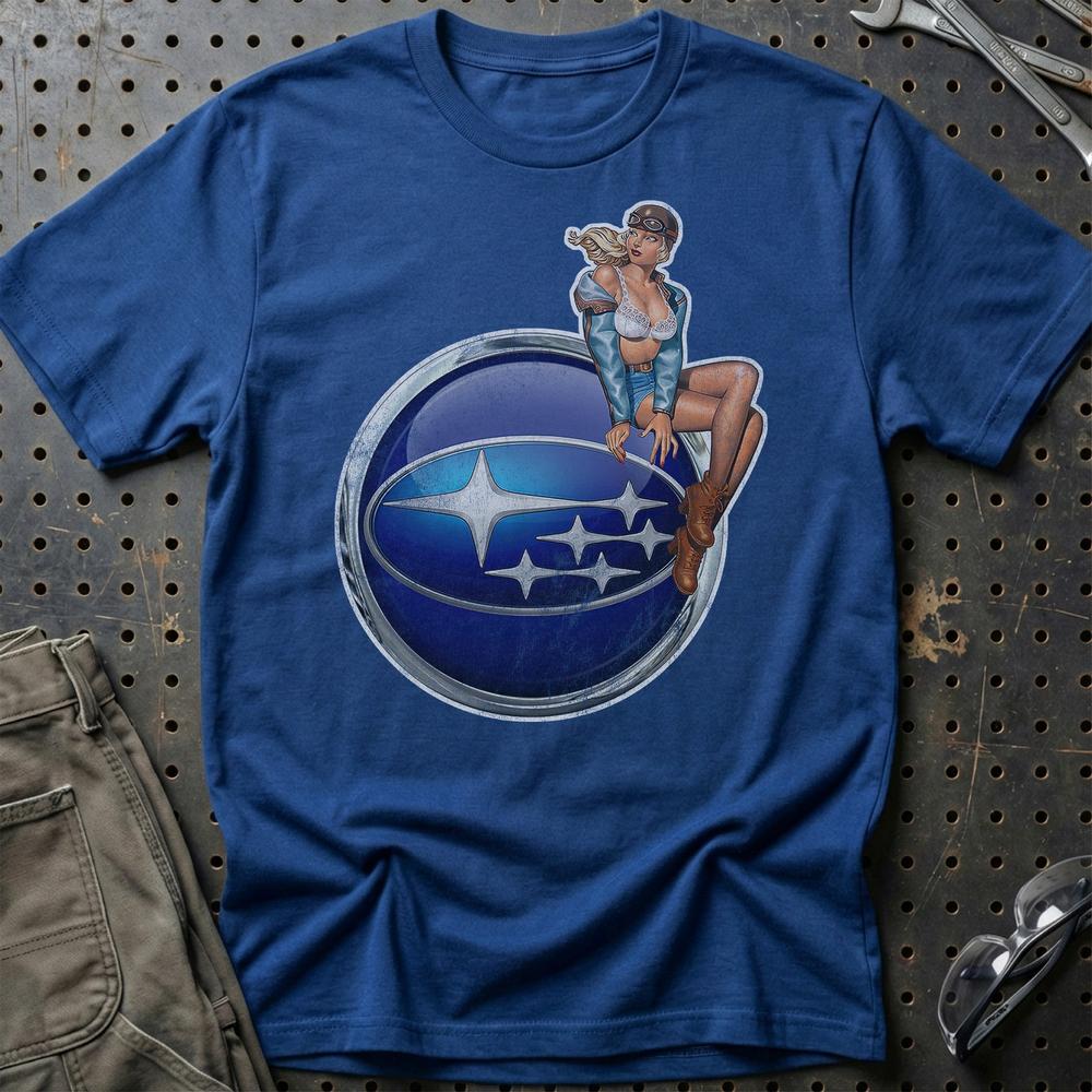 Subaru Pinup T-Shirt-Beklædning-Subaru-Blå Royal-S-Garage Culture Shop- garage - man cave - merchandise