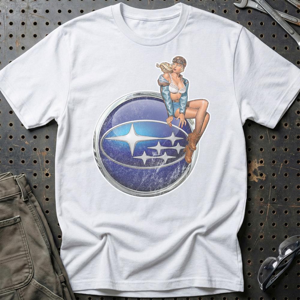 Subaru Pinup - Unisex T-Shirt , Bomuld-Beklædning-Subaru-Hvid-S-Garage Culture Shop- garage - man cave - merchandise