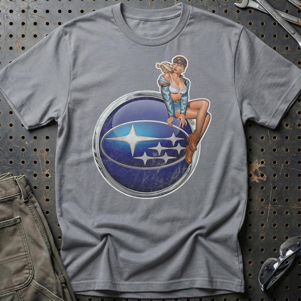 Subaru Pinup - Unisex T-Shirt , Bomuld-Beklædning-Subaru-Grå Sport-S-Garage Culture Shop- garage - man cave - merchandise