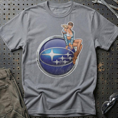 Subaru Pinup - Unisex T-Shirt , Bomuld-Beklædning-Subaru-Grå Sport-S-Garage Culture Shop- garage - man cave - merchandise
