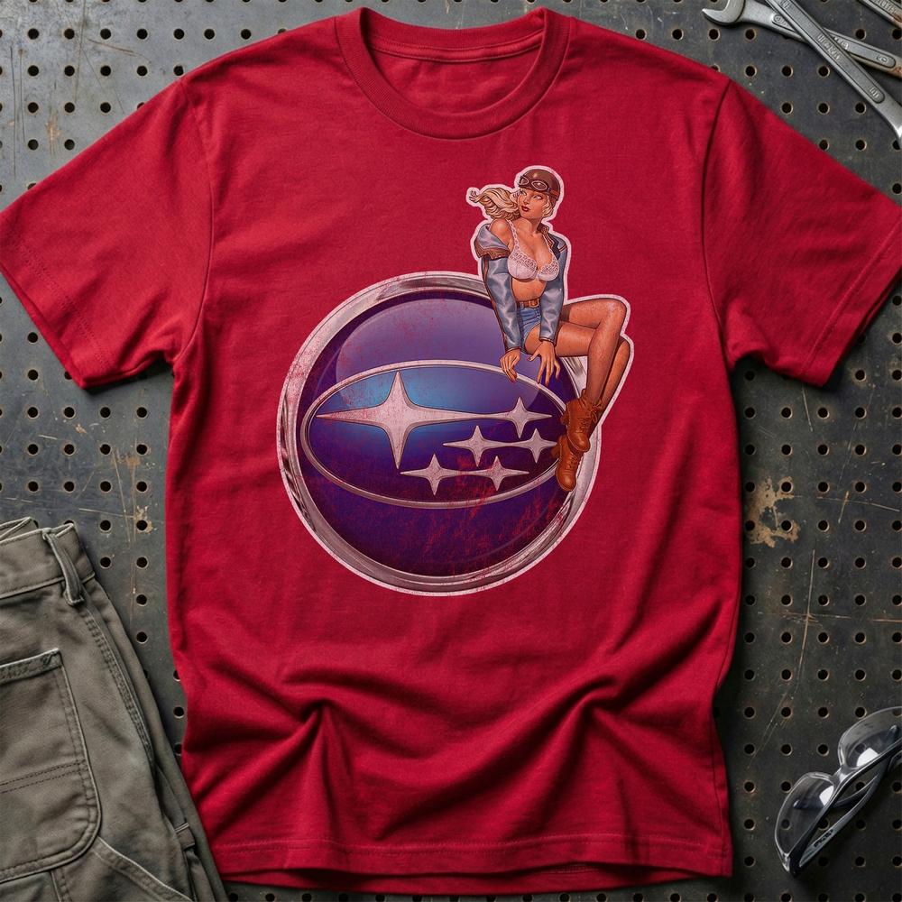 Subaru Pinup - Unisex T-Shirt , Bomuld-Beklædning-Subaru-Rød-S-Garage Culture Shop- garage - man cave - merchandise