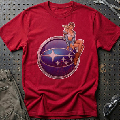 Subaru Pinup - Unisex T-Shirt , Bomuld-Beklædning-Subaru-Rød-S-Garage Culture Shop- garage - man cave - merchandise