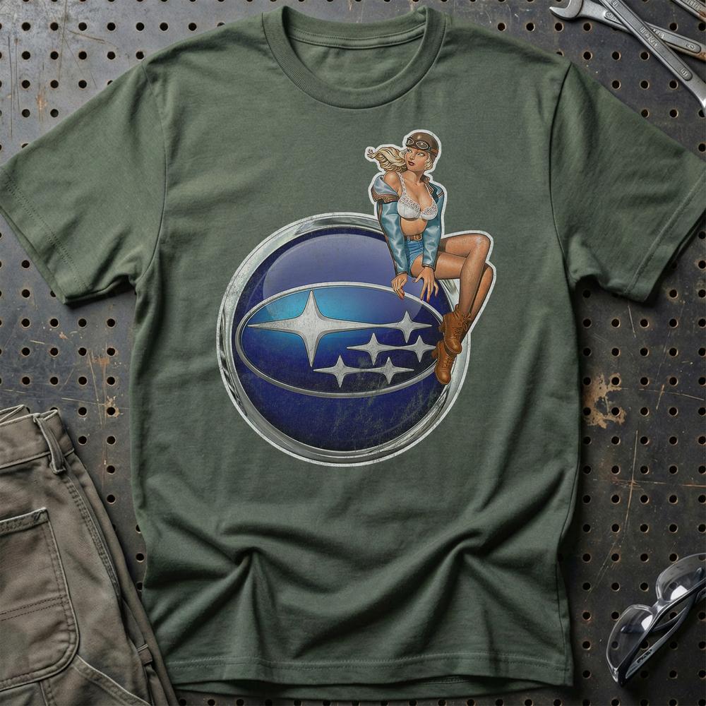 Subaru Pinup - Unisex T-Shirt , Bomuld-Beklædning-Subaru-Grøn Militær-S-Garage Culture Shop- garage - man cave - merchandise