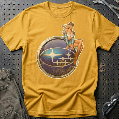 Subaru Pinup - Unisex T-Shirt , Bomuld-Beklædning-Subaru-Guld-S-Garage Culture Shop- garage - man cave - merchandise