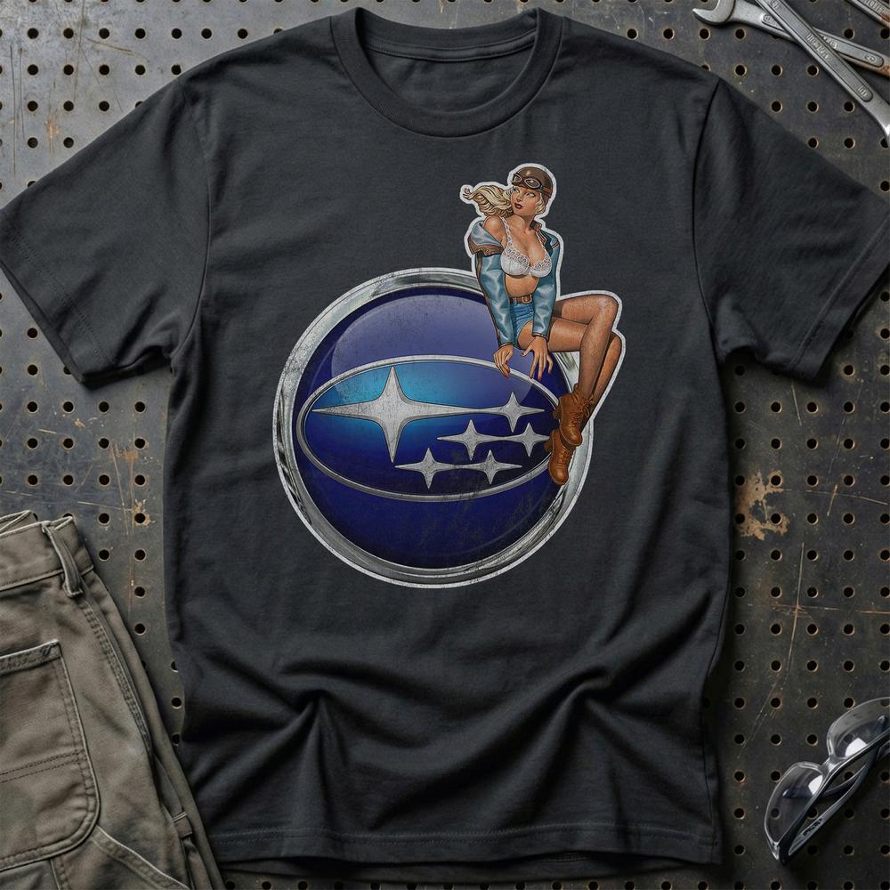 Subaru Pinup - Unisex T-Shirt , Bomuld-Beklædning-Subaru-Sort-S-Garage Culture Shop- garage - man cave - merchandise