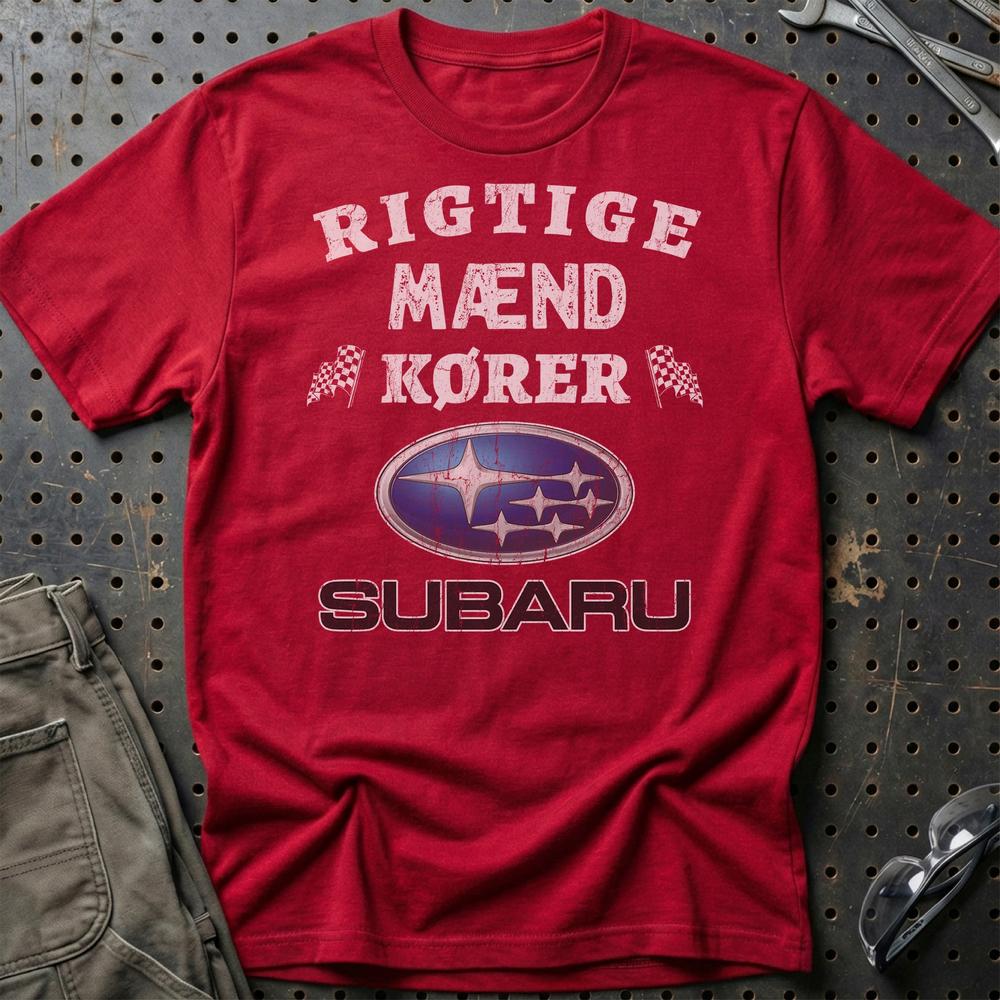 Subaru Rigtige Mænd Kører - Unisex T-Shirt , Bomuld-Beklædning-Subaru-Rød-S-Garage Culture Shop- garage - man cave - merchandise