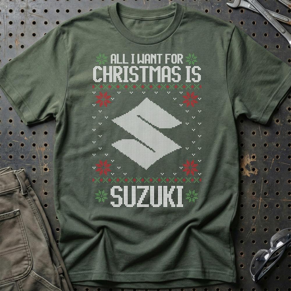 Suzuki - All I Want For Christmas T-Shirt-Beklædning-Suzuki-Grøn Militær-S-Garage Culture Shop- garage - man cave - merchandise