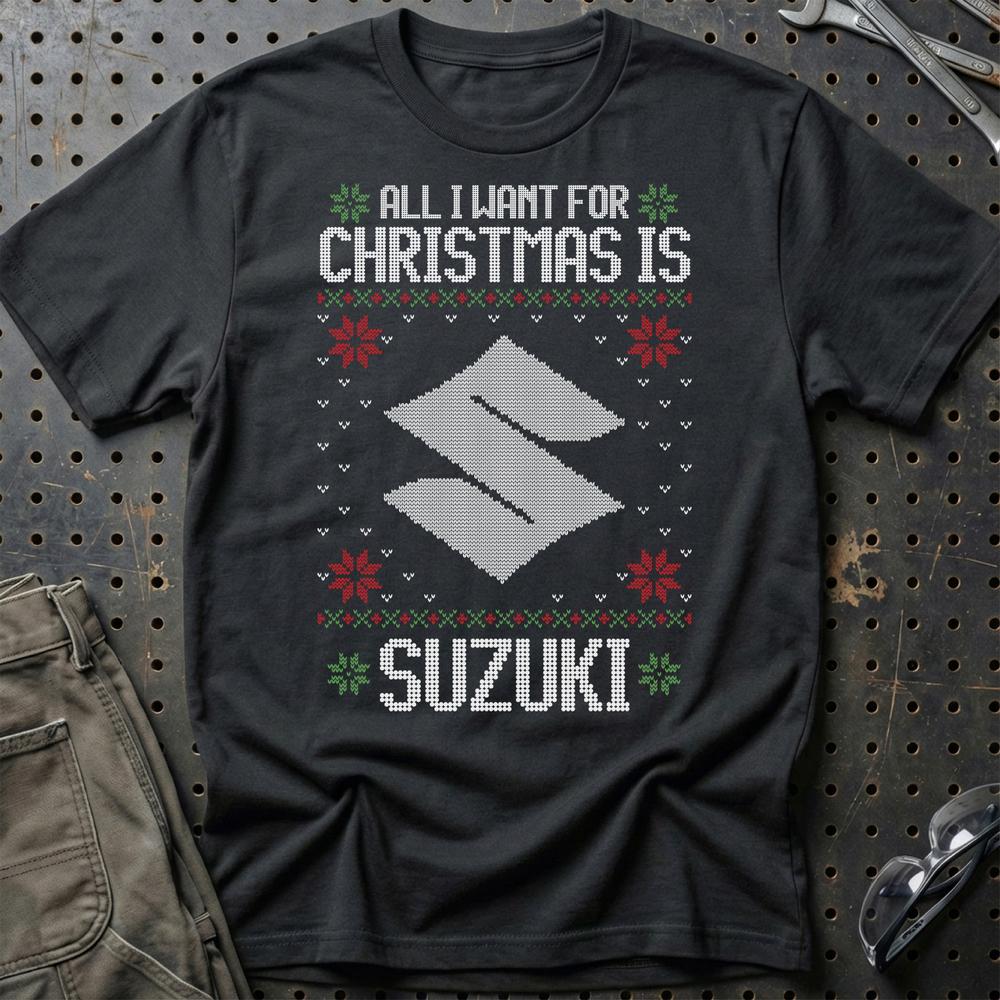 Suzuki - All I Want For Christmas T-Shirt-Beklædning-Suzuki-Sort-S-Garage Culture Shop- garage - man cave - merchandise