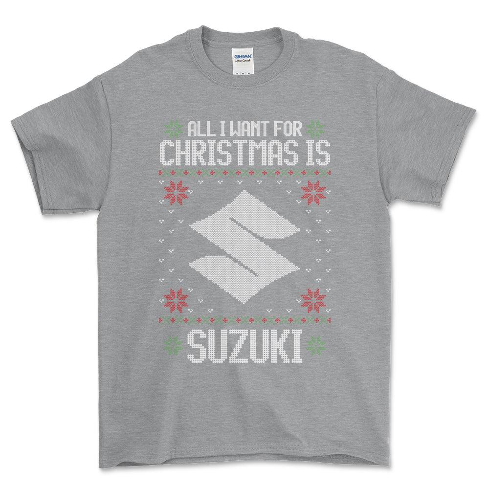 Suzuki - All I Want For Christmas - Unisex T-Shirt , Bomuld-Beklædning-Suzuki-Grå Sport-S-Forside-Garage Culture Shop- garage - man cave - merchandise