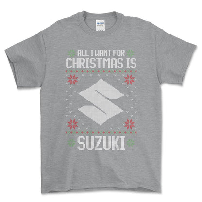 Suzuki - All I Want For Christmas - Unisex T-Shirt , Bomuld-Beklædning-Suzuki-Grå Sport-S-Forside-Garage Culture Shop- garage - man cave - merchandise