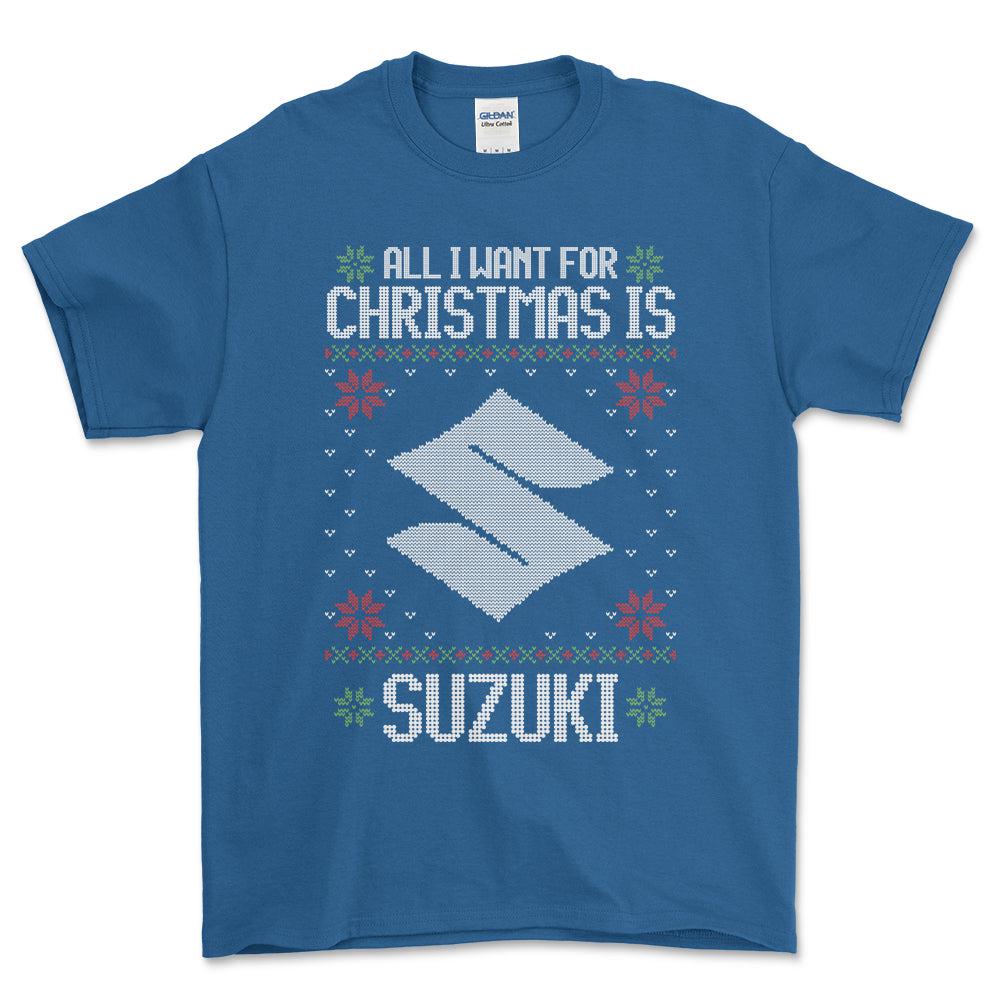 Suzuki - All I Want For Christmas - Unisex T-Shirt , Bomuld-Beklædning-Suzuki-Blå Royal-S-Forside-Garage Culture Shop- garage - man cave - merchandise
