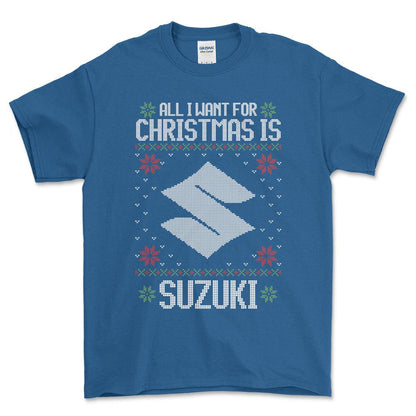 Suzuki - All I Want For Christmas - Unisex T-Shirt , Bomuld-Beklædning-Suzuki-Blå Royal-S-Forside-Garage Culture Shop- garage - man cave - merchandise