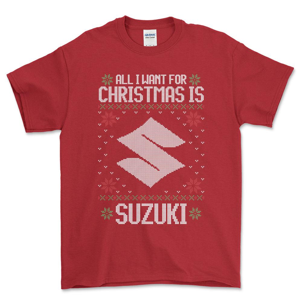 Suzuki - All I Want For Christmas - Unisex T-Shirt , Bomuld-Beklædning-Suzuki-Rød-S-Forside-Garage Culture Shop- garage - man cave - merchandise