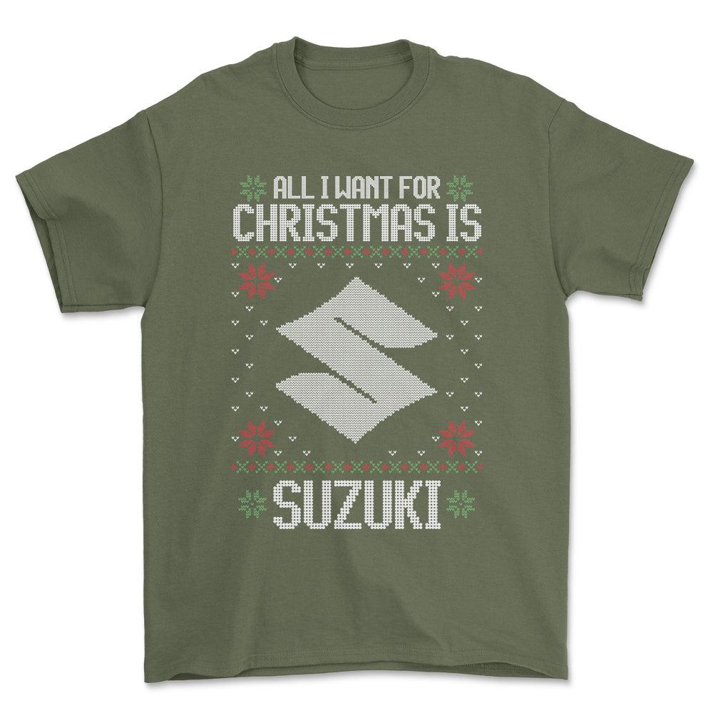 Suzuki - All I Want For Christmas - Unisex T-Shirt , Bomuld-Beklædning-Suzuki-Grøn Militær-S-Forside-Garage Culture Shop- garage - man cave - merchandise