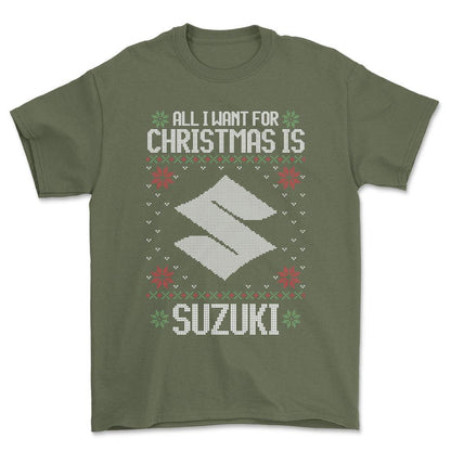 Suzuki - All I Want For Christmas - Unisex T-Shirt , Bomuld-Beklædning-Suzuki-Grøn Militær-S-Forside-Garage Culture Shop- garage - man cave - merchandise