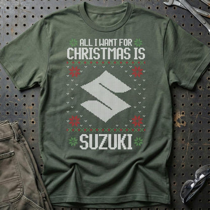 Suzuki - All I Want For Christmas - Unisex T-Shirt , Bomuld-Beklædning-Suzuki-Grøn Militær-S-Garage Culture Shop- garage - man cave - merchandise