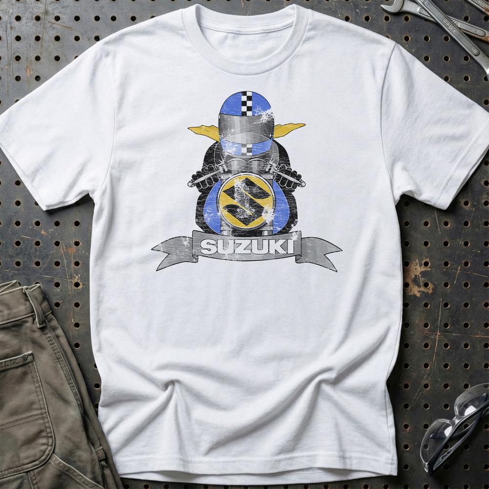 Suzuki Biker Vintage Style T-Shirt-Beklædning-Suzuki-Hvid-S-Garage Culture Shop- garage - man cave - merchandise