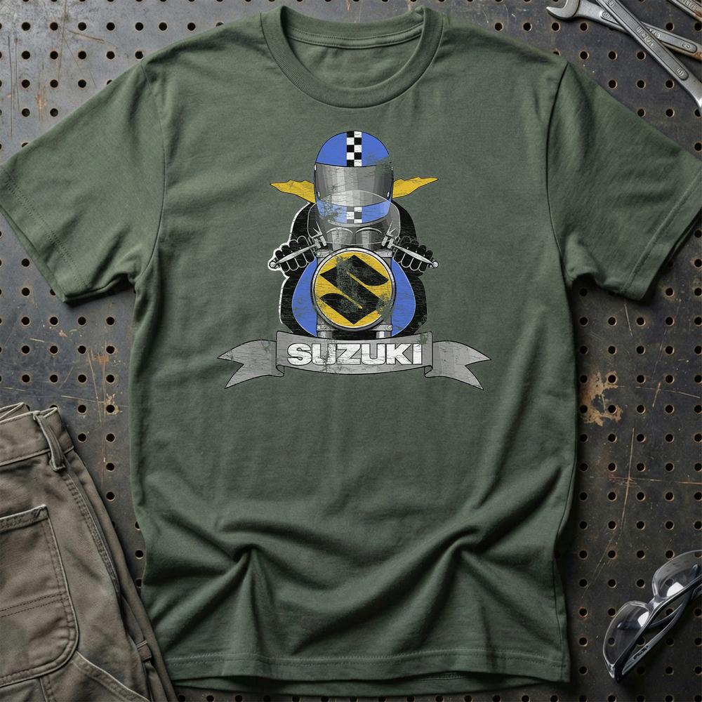 Suzuki Biker Vintage Style T-Shirt-Beklædning-Suzuki-Grøn Militær-S-Garage Culture Shop- garage - man cave - merchandise