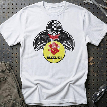 Suzuki Biker Vintage Style Unisex T-Shirt , Bomuld-Beklædning-Suzuki-Hvid-S-Garage Culture Shop- garage - man cave - merchandise