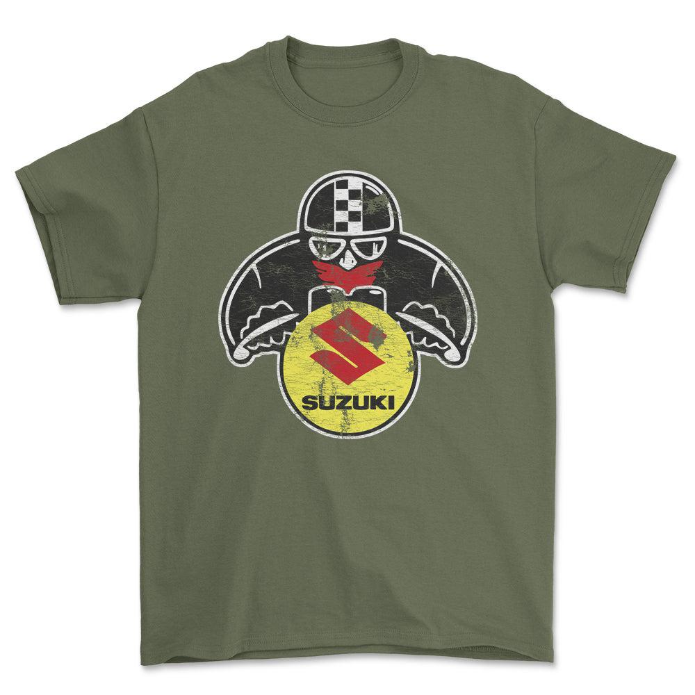 Suzuki Biker Vintage Style Unisex T-Shirt , Bomuld-Beklædning-Suzuki-Grøn Militær-S-Forside-Garage Culture Shop- garage - man cave - merchandise
