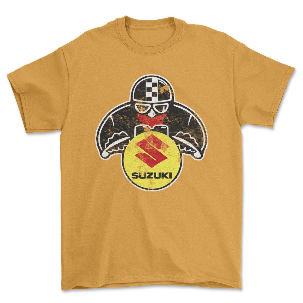 Suzuki Biker Vintage Style Unisex T-Shirt , Bomuld-Beklædning-Suzuki-Guld-S-Forside-Garage Culture Shop- garage - man cave - merchandise
