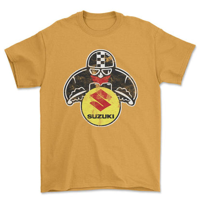 Suzuki Biker Vintage Style Unisex T-Shirt , Bomuld-Beklædning-Suzuki-Guld-S-Forside-Garage Culture Shop- garage - man cave - merchandise