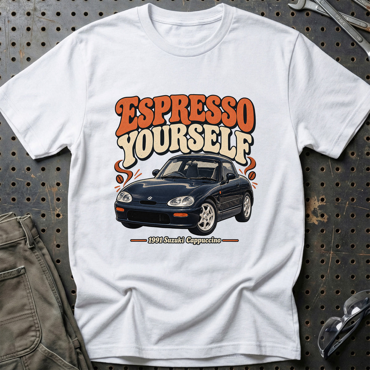 
Suzuki Cappuccino 1991 – Espresso Yourself T-Shirt – Hvid