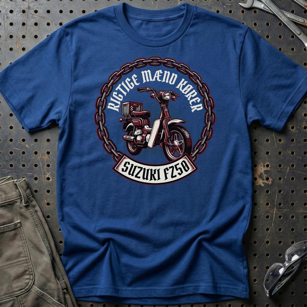 Suzuki FZ50 Rigtige Mænd Kører T-Shirt-Beklædning-Suzuki-Blå Royal-S-Garage Culture Shop- garage - man cave - merchandise