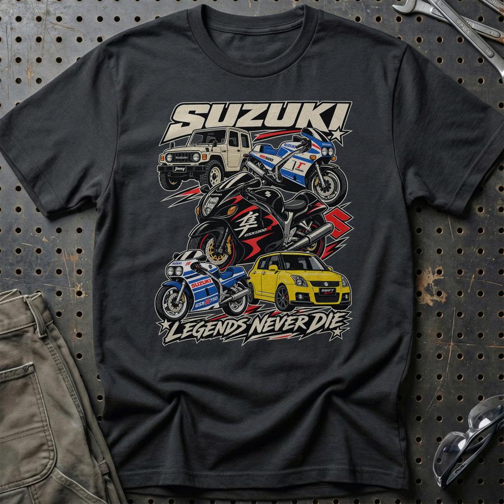 Suzuki Legends Never Die T-Shirt-Beklædning-Suzuki-Sort-S-Garage Culture Shop- garage - man cave - merchandise