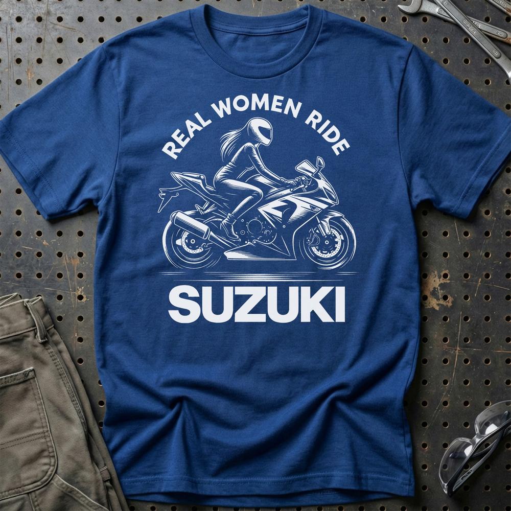 Suzuki Real Women Ride Suzuki - Unisex T-Shirt , Bomuld-Beklædning-Suzuki-Blå Royal-S-Garage Culture Shop- garage - man cave - merchandise